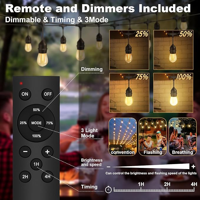 50FT Outdoor String Lights 32Bulbs (1.5FT Bulbs Spacing),120W Dimmer Remote | Patio Lights with IP65 Waterproof, Dimmable & Timing & 3 Mode, Connectable, Zipper Ties for Outside Commercial Backyard