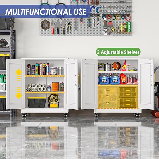 35.4" Metal Garage Storage Cabinet with Wheels and Locking Doors and Tall Rolling Steel Tool Cabinet with 2 Adjustable Shelves for Garage,Home,Office,Shop (White, 35.4''H x 27.6''W x13.8''D)