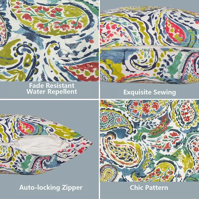 LVTXIII Outdoor Pillow Covers 20x20 Inch, 2 Pack Large Square Throw Pillow Cases, Fade-Resistant Cushion Covers for Patio Furniture Sofa, Garden Porch, Paradise Paisley