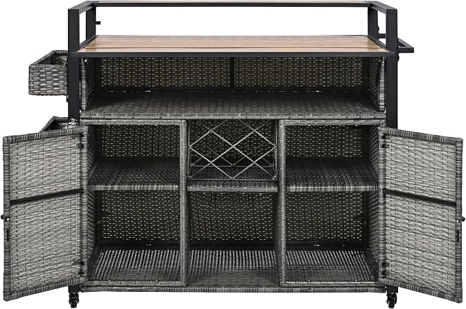 YOPTO 52.8" W Wicker Outdoor Grill Cart with Extended Poly-Wood Table Top - Drop Leaf Design,7 Shelves & Wine Rack,Rolling Kitchen Island on Lockable Wheels,for Patio,Backyard,Poolside & Garden,Grey