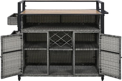 YOPTO 52.8" W Wicker Outdoor Grill Cart with Extended Poly-Wood Table Top - Drop Leaf Design,7 Shelves & Wine Rack,Rolling Kitchen Island on Lockable Wheels,for Patio,Backyard,Poolside & Garden,Grey