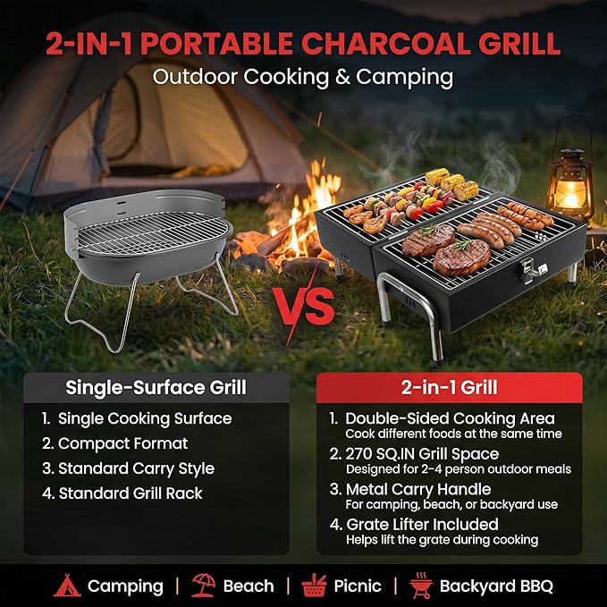 Portable Charcoal Grill, Table Top Small BBQ Grill For Outdoor, Camping, Beach, Easy Assembly, Heavy Duty & Multi-Use Small Grill, Black (270 Sq.In)