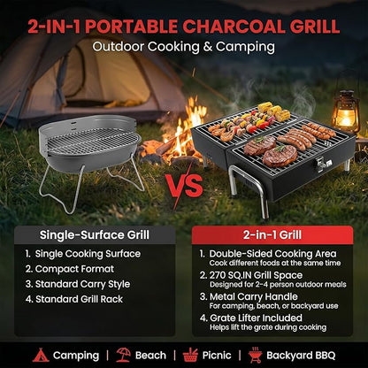 Portable Charcoal Grill, Table Top Small BBQ Grill For Outdoor, Camping, Beach, Easy Assembly, Heavy Duty & Multi-Use Small Grill, Black (270 Sq.In)