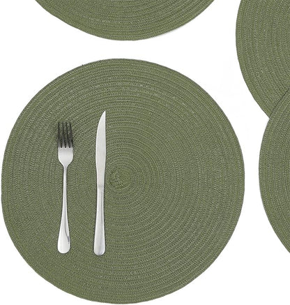 SHACOS Round Placemats Set of 12 Washable 15 inch Round Table Mats Cotton Polyester Woven Braided Place Mats for Dining Table Wedding Party Decor (Olive Green, 12)