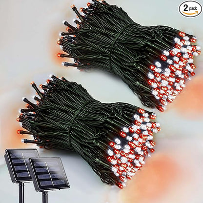 Solar Christmas Lights Outdoor 2 Pack 200 LED 66FT String Lights Red White | 8 Lighting Modes, Memory Function, Auto On/Off, IP65 Waterproof Twinkle Lights for Outside Tree Roof Fence Window Decorations