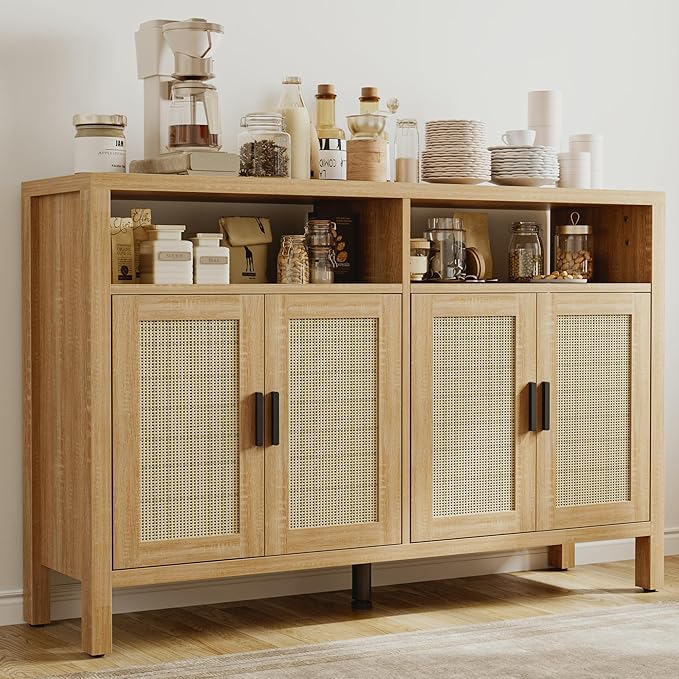Rattan Buffet Cabinet with Storage, Sideboard with Doors, Console Table, Farmhouse Coffee Bar, Modern Wood Storage Cabinets(Natural 2.0)
