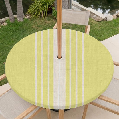 Outdoor Fitted Tablecloth with Umbrella Hole and Zipper, Yellow Beige Striped Elastic Round Patio Table Cover, Farmhouse Retro Lines Modern Windproof Table Protector for Backyard BBQ Party 55''-60''