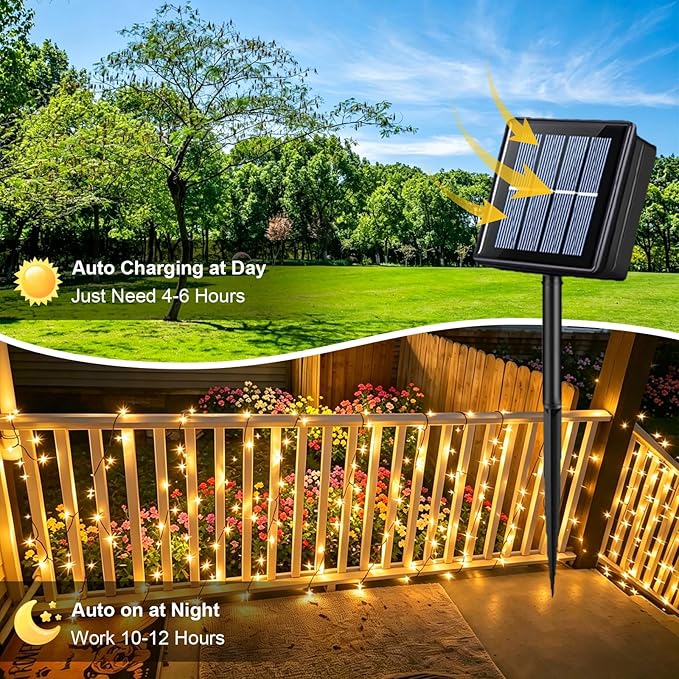 QITONG 2 Pack Warm White Solar String Lights, Each 66ft 200 LED Solar Fairy Lights Outdoor Waterproof, 8 Modes Green Wire Solar Twinkle Tree Lights for Outside