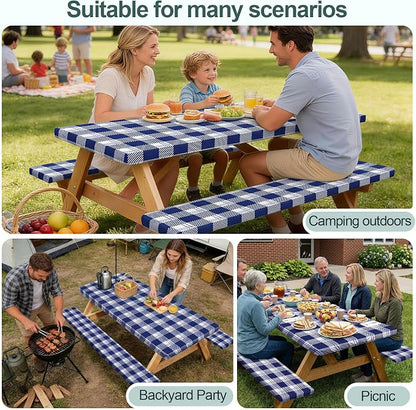 Picnic Table Cover Bench Covers Camping Essentials Tablecloth | Waterproof Vinyl for Outdoor, Windproof Elastic Fitted Edges, RV BBQ Accessories Must Haves, Storage Bag Included