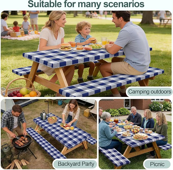 Picnic Table Cover with Bench Covers Camping Essentials Waterproof Windproof Camping Tablecloth with Drawstring Bag, Fitted Rectangle Tables and Seats, 72in, Blue Checkered