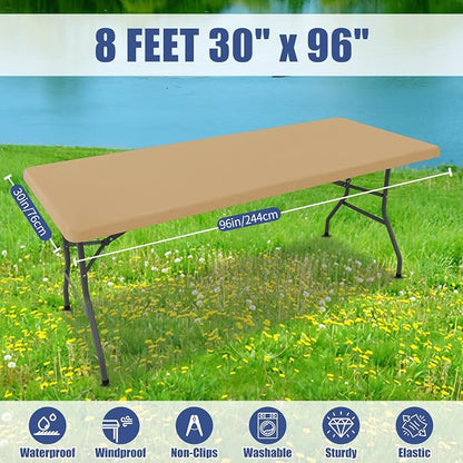 Moosfor Spandex 8 Foot Rectangle Table Cloth, Elastic Fitted Tablecloths for Picnic, Stretch Washable Patio Table Cover for Outdoor, Camping, Banquet and Parties (Dark Khaki, 30"x96")