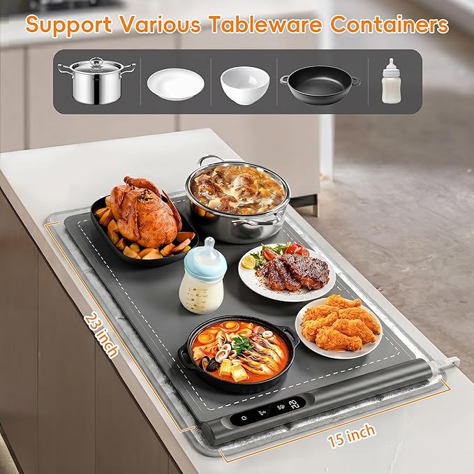 Newise Warming Mat for Food - Graphene Rapid Heating Food Warmers for Countertop, Portable Electric Warming Tray with 6 Temperature Levels, Kitchen Practical Gifts for Mom Wife, Gray