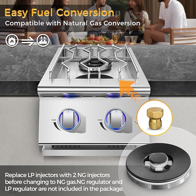 Grilling Side Burners for Outdoor Kitchen, 2 * 18,000BTU Liquid Propane Side Burner,Convertible to Natural Gas, Duty Heavy 304 Stainless Steel, Double Burner for BBQ Island Grill, Black