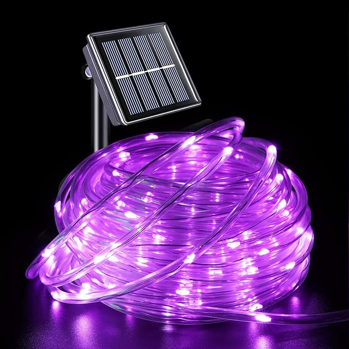YEGUO Solar Halloween Lights Outdoor Waterproof, 66ft 200 LED Purple Solar Rope Lights, 8 Modes Fairy Lights in Clear Thin Tube