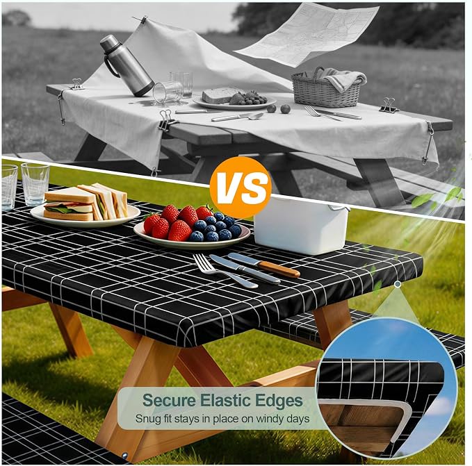 Picnic Table Cover Bench Covers Camping Essentials Tablecloth | Waterproof Vinyl for Outdoor, Windproof Elastic Fitted Edges, RV BBQ Accessories Must Haves, Storage Bag Included