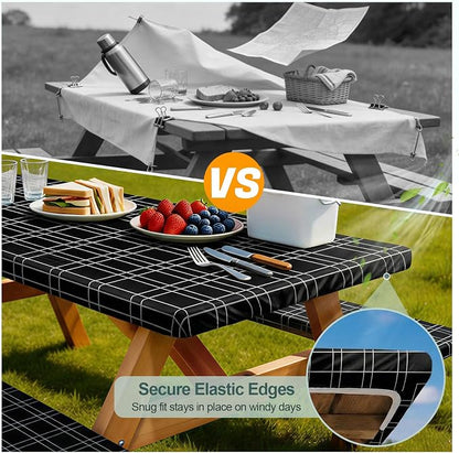 Picnic Table Cover Bench Covers Camping Essentials Tablecloth | Waterproof Vinyl for Outdoor, Windproof Elastic Fitted Edges, RV BBQ Accessories Must Haves, Storage Bag Included