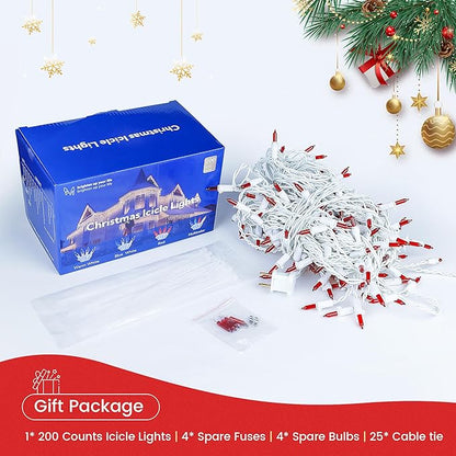 23FT 200Count Red Icicle Lights,White Wire Icicle Mini Lights Plug in with 40 Drops,Hanging Curtain Fairy String Light Connectable for Christmas Valentine's Day Halloween Party Decorations