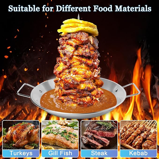 Al Pastor Skewer for Grill,Extra Large 13Inch Brazilian Spit Stand Fat Separator Tray with Removable Spikes Brush Clip Scissor,Stainless Steel Vertical Sticks for Shawarma,Chicken on Smoker Oven