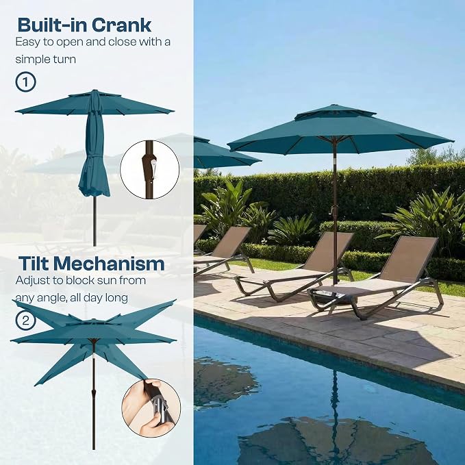 10FT Patio Umbrella, 2 Tier Outdoor Table Umbrella, Large Vented Market Umbrellas with Push Button Tilt and Crank, 8 Sturdy Ribs for Backyard, Deck, Pool, UPF50+ UV Protection