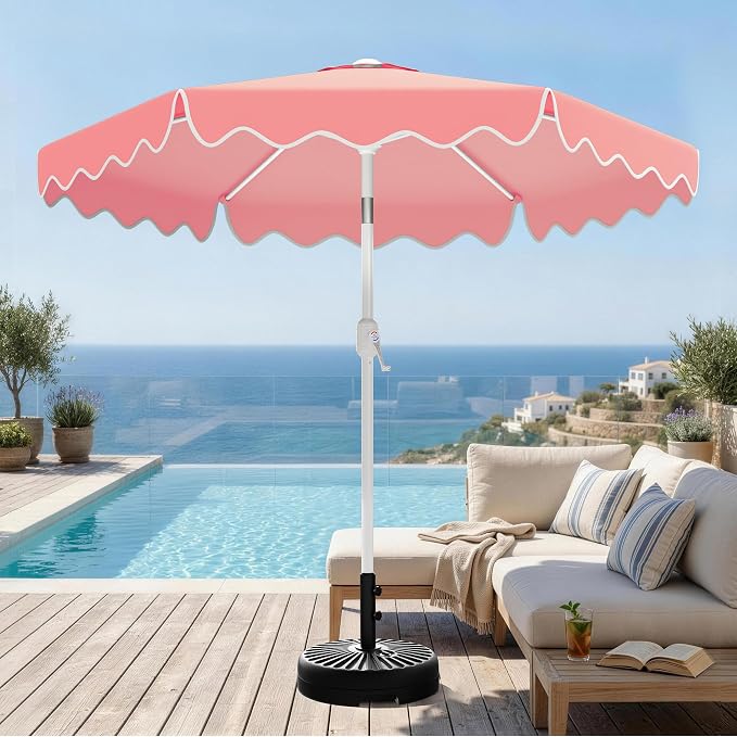 AreShark 7.5FT Outdoor Patio Umbrella with Wavy Trim (Peach Pink) | Market Table Umbrellas w/ 6 Sturdy Ribs, Crank & Tilt, White Pole, Pool Umbrella with UV-Fade Resistant Fabric, Heavy Frame