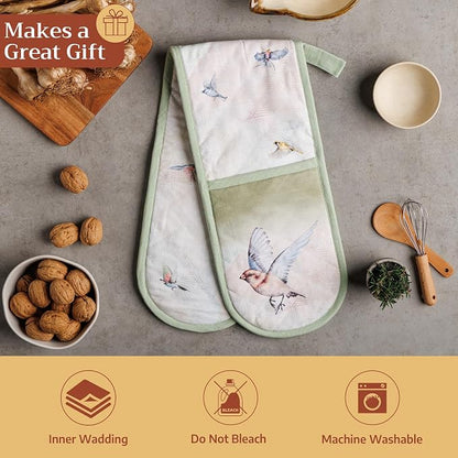 Maison d' Hermine Double Oven Mitts 100% Cotton Double Oven Glove (7"x35") | Heat Resistant BBQ Cooking Gloves with Loop Baking Grilling Kitchen Hotel Home Farmhouse Spring Summer - Flying Birds