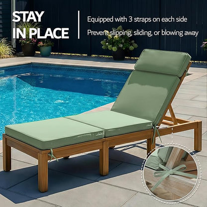 80 x 26 Inch Outdoor Chaise Lounge Cushions Set of 4 - Removable Cover, 4-Section Design, Water-Repellent & Fade-Resistant, 6 Tie Straps, Replacement for Patio & Pool Chairs - Sage Green