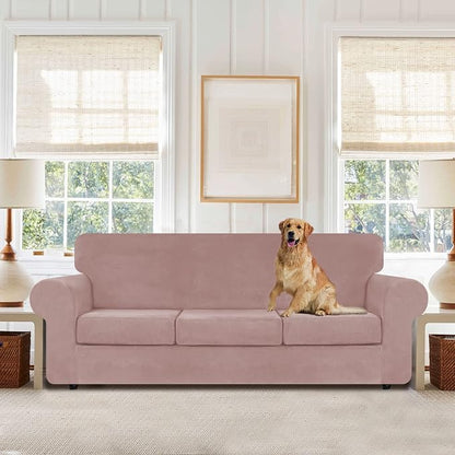WEERRW 4 Pieces Couch Cover for Sofa Velvet Sofa Covers Washable, Pink | Sofa Covers for 3 Cushion Couch Furniture Protector Sofa Slipcovers with Non Slip Elastic Bottom, Pet Friendly, Large