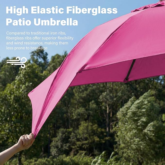 JEAREY 9FT Outdoor Patio Umbrella,Market Table Umbrella with 8 Fiberglass Ribs, Pool Umbrella with Tilt and Crank, UV Protection Lightweight & Wind-Resistant for Lawn, Garden, Deck and Backyard, Rose Pink