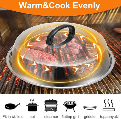 Pinkunn 8 Pack 12 Inch Round Stainless Steel Basting Cover Wok Lids, Cheese Melting Dome Wok Lids, Basting Cover, Flat Top Griddle Grill Accessories for BBQ Kitchen Cooking Steaming, Outdoor & Indoor