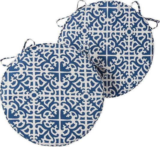Set of 2 Outdoor 18 inch Round Patio Dining Chair Pads – Comfortable Fiber-Filled Seat Cushions with Ties, Reversible Polyester Fabric - Indigo Blue Lattice