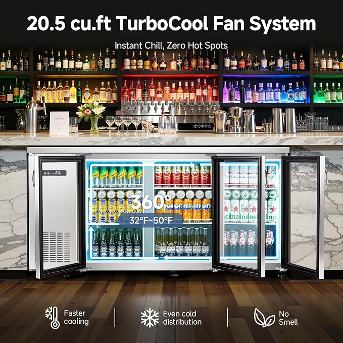 BODEGA BODEGACOOLER 20.5 Cu.Ft Commercial Back Bar Refrigerator, 3 Glass Door Beverage Cooler, Display Drink Fridge with LED & 6 Casters for Beer, Soda, Wine, SUS304 Stainless Steel Top