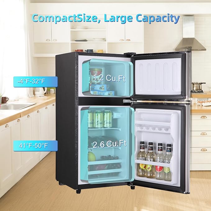 Mini Fridge with Freezer, 3.8 Cu. Ft Double Door Compact Fridge Silver Gray | Compact Refrigerator 7-Level Adjustable Thermostat, Small Fridge with Adjustable Glass Shelves for Home, Dorm, Office, Silver