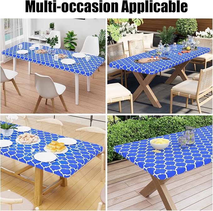Smiry Picnic Fitted Table Cover, 6 Foot Flannel Backed Vinyl Tablecloth | Waterproof Elastic Stretch Table Cloth, Wipeable Plastic Tablecloth for Camping, Indoor & Outdoor (Blue, 18" x 72")