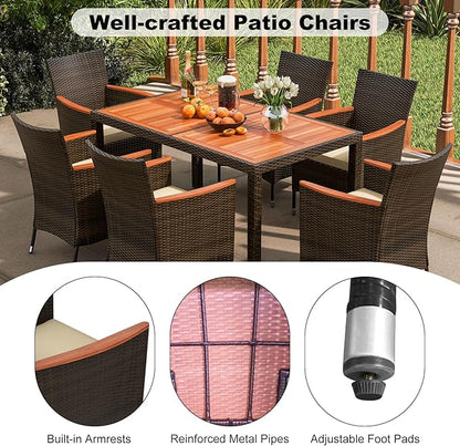COSTWAY 7-Piece Patio Dining Set for 6, Outdoor Rattan Wicker Table and Chairs Furniture Set with Umbrella Hole, Acacia Wood Tabletop for Backyard, Balcony, Poolside, Brown & Beige