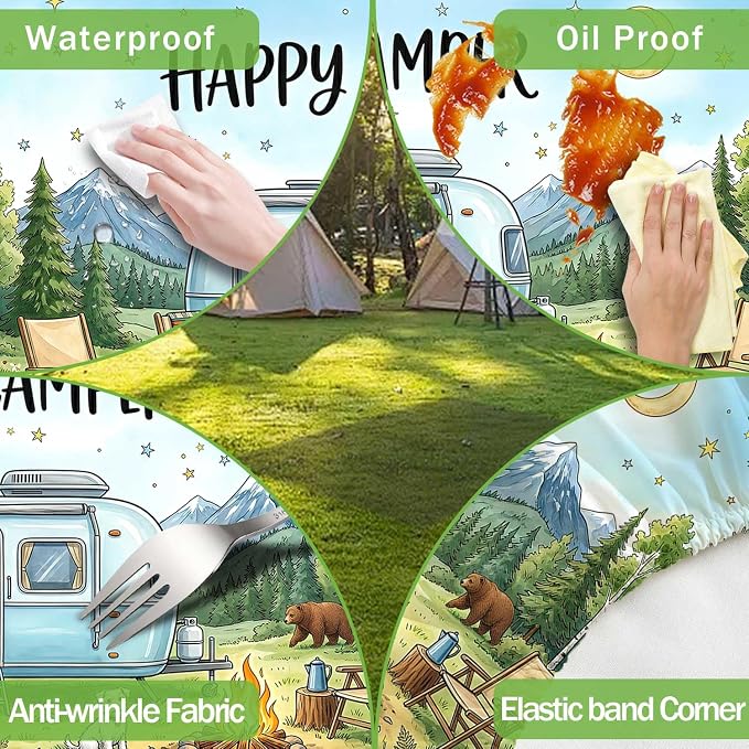 JAWO Happy Camper Picnic Table Cover with Bench Covers, Camper RV Essentials Gear Supplies Outdoor Waterproof Windproof Tablecloth with Elastic, 30X96in
