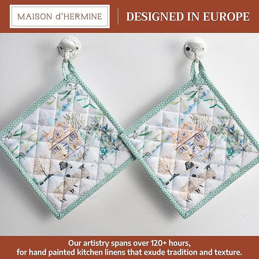 Maison d' Hermine Pot Holders Set 100% Cotton Heat Resistant Potholders 8" x 8" Hot Pads with Loop for Thanksgiving Christmas Decorations BBQ Cooking Baking Handling Hot Pans (Pack of 2, Snowy World)