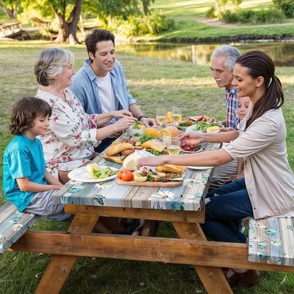 Floral Picnic Table Cover with Bench Covers, Camping Essentials, Wooden Flower Butterfly Waterproof Windproof, Fitted Tablecloth Cover with Elastic Edge, for Indoor, Outdoor, 3 PCS, 30x60 Inch