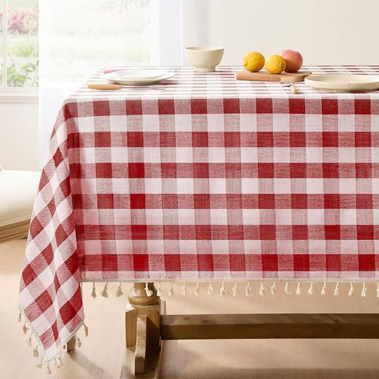 Softalker Checkered Tablecloth Square, Outdoor Linen Cotton Gingham Table Cloth with Tassel, Heavy Duty Wrinkle Free Buffalo Plaid Table Cover for Kitchen Dining Summer Party - 55 x 55 Inch, Red