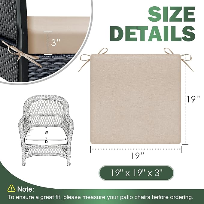 Outdoor Chair Cushions Set of 2, 19x19x3 Inch Waterproof & Fade Resistant Patio Furniture Seat Cushions with Ties, Square Outdoor Dining Chair Cushions for Lawn, Garden, Deck & Yard, Beige