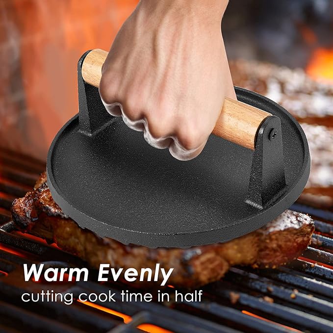 HaSteeL Single Cast Iron Grill Press, Heavy Duty 7In Bacon Burger Press with Wooden Handle, Pre-Seasoned Steak Press Great for Flat Top Griddle Teppanyaki BBQ Grilling Cooking Indoor & Outdoor