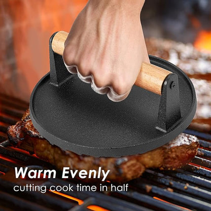 HaSteeL Single Cast Iron Grill Press, Heavy Duty 7In Bacon Burger Press with Wooden Handle, Pre-Seasoned Steak Press Great for Flat Top Griddle Teppanyaki BBQ Grilling Cooking Indoor & Outdoor