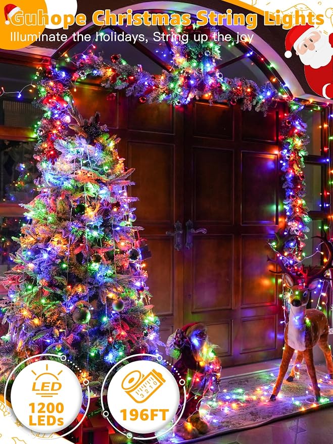 Guhope Christmas String Lights Indoor 1200LED 196FT, Waterproof Outdoor String Lights with Remote and Timer, 8 Modes Dimmable Christmas Lights for Indoor Outdoor Party Holiday Decorations (Multicolor)