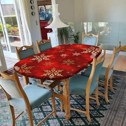 Red Christmas Oval Tablecloths, Red Golden Snowflake Christmas Print Elastic Fitted Table Cloth, Windproof Oblong Table Covers for Indoor Dinner and Outdoor Patio Decor, Fits Tables up to 42" x 60"