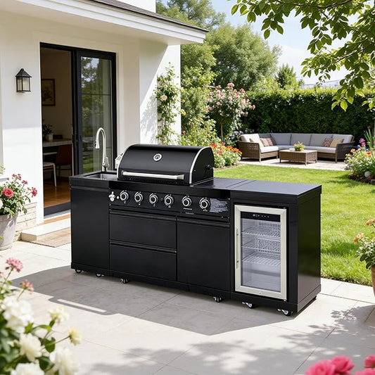 Outdoor Kitchen Island with Side Burn,4+1 Burner Modular Kitchen with Grill Station Cabinetry,304 Stainless Sink, Fridge, BBQ Set for Patios & Backyards (Black, 86 IN-Side Burn)