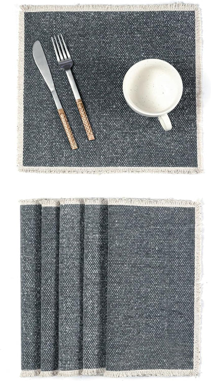Hausattire Cotton Frayed Placemats Set of 6 Dining Table 14x14 Inch | Rustic Boho Washable Easter Placemat for Outdoor Parties BBQ's Wedding, Holiday, Special Occasions, Nubby Cotton - Washed Black