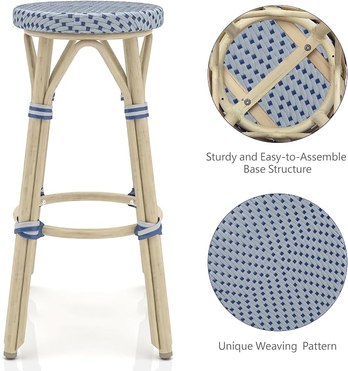 Seadrift Boho 30-inch Aluminum and All-Weather Wicker Barstools with Footrest, Patio Stools & Bar Chairs for Outdoor, Kitchen Counter, Poolside, Yard, Set of 2, Gray and Navy Blue