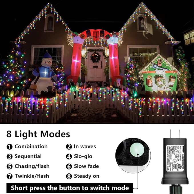 QITONG Multicolor Icicle Lights for Outside, 66ft 800 LED String Lights Indoor, Clear Wire Connectable Icicle Christmas Lights Plug in with 8 Modes