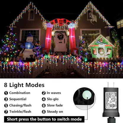QITONG Multicolor Icicle Lights for Outside, 66ft 800 LED String Lights Indoor, Clear Wire Connectable Icicle Christmas Lights Plug in with 8 Modes