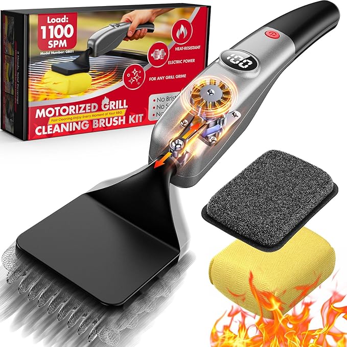 Reciprocating Electric Grill Brush, Fire-Resistant BBQ Grill Brush, Bristle-Free Grill Brush for Outdoor Grill, Grill Cleaner with 3 Heads, Cordless Grill Cleaning Brush with 3600 mAn, Silver
