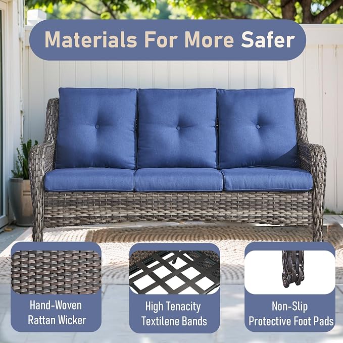 Outdoor Couch All Weather PE Wicker Patio Sofa Outdoor Sofa Deep Seating for Porch Deck Backyard-Grey/Blue